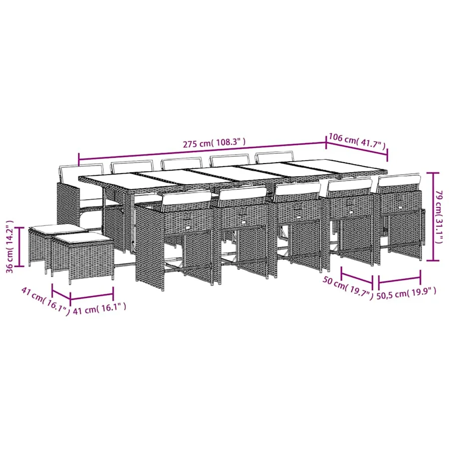 Ensemble à manger de jardin et coussins 15 pcs gris clair rotin - 11