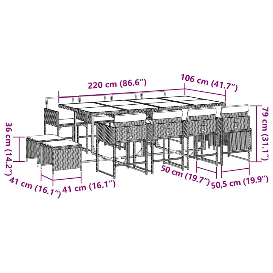 Ensemble à manger de jardin et coussins 13 pcs gris clair rotin - 11