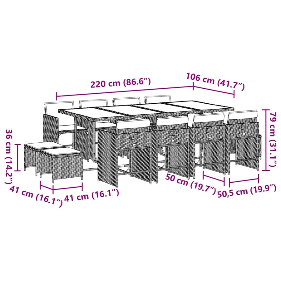 Ensemble à manger de jardin et coussins 13 pcs gris clair rotin - 11