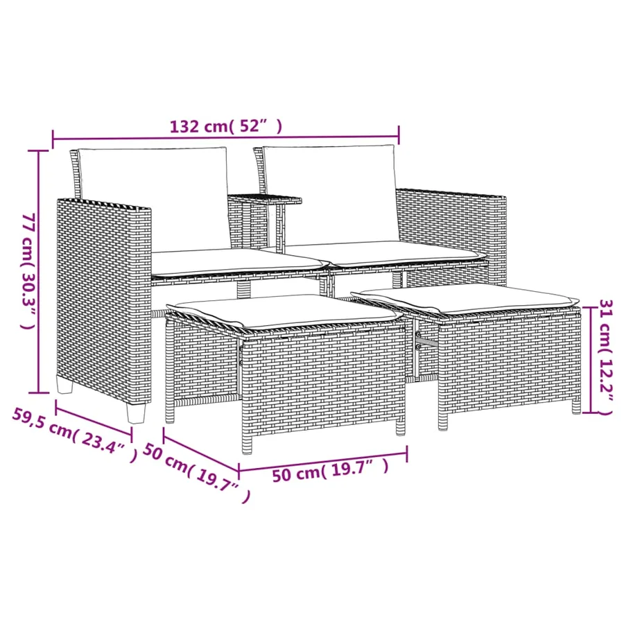 Canapé de jardin 2 places avec table et tabourets marron rotin - 11