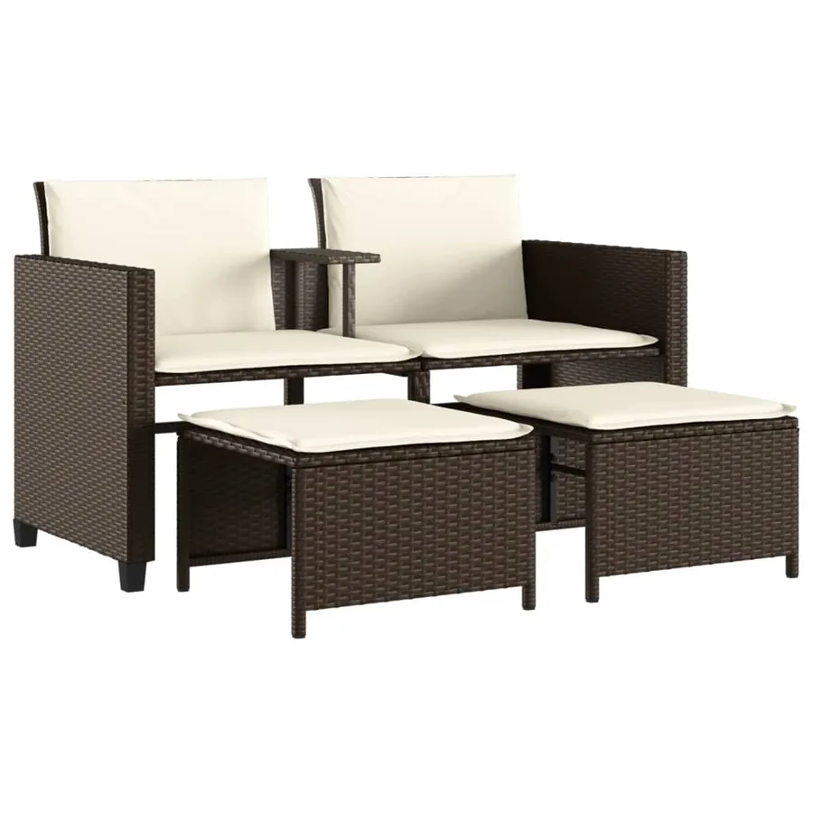 Canapé de jardin 2 places avec table et tabourets marron rotin - 2