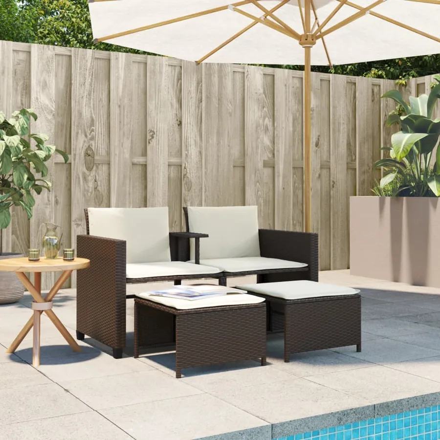 Canapé de jardin 2 places avec table et tabourets marron rotin - 3