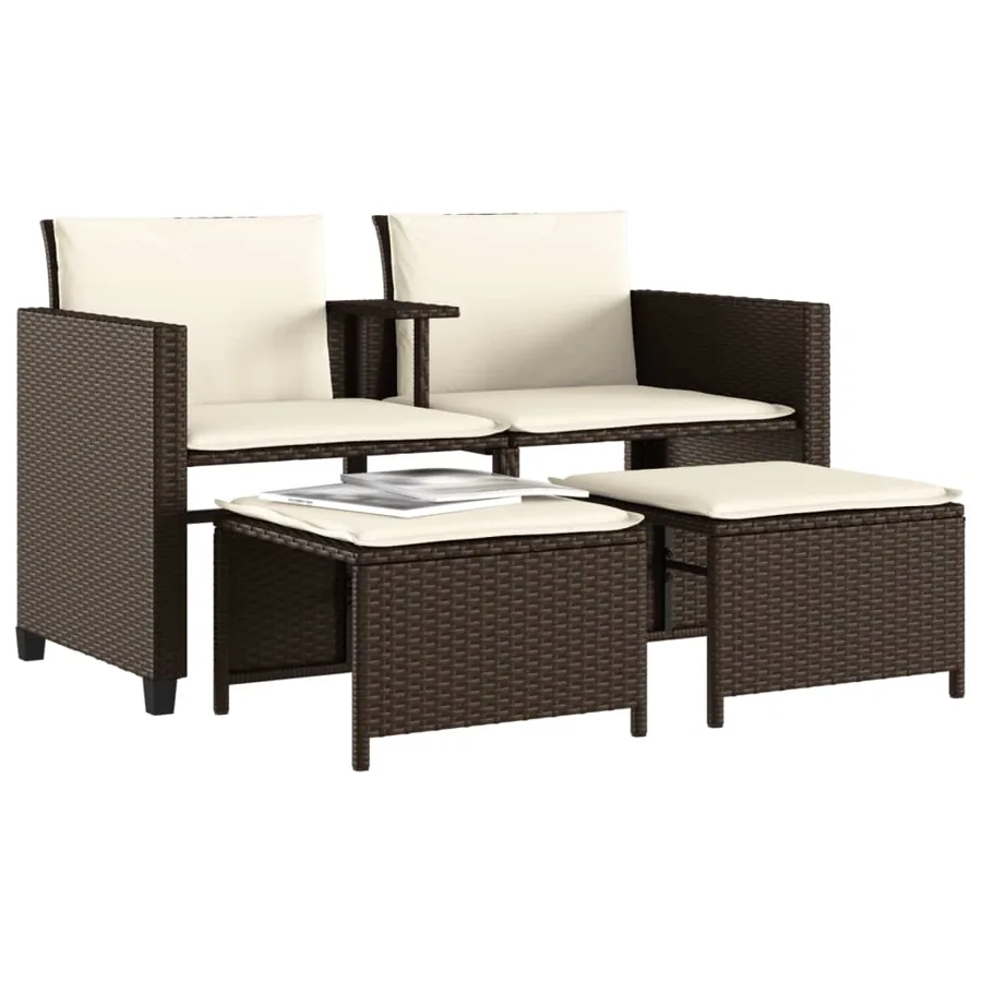 Canapé de jardin 2 places avec table et tabourets marron rotin - 4