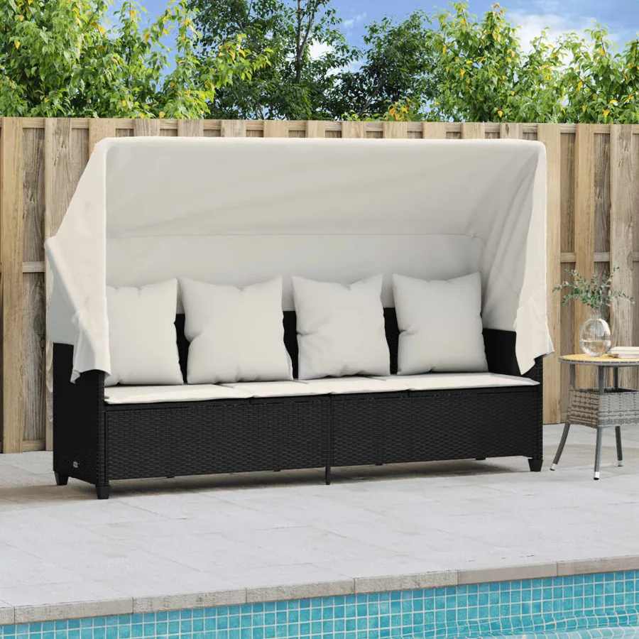 Chaise longue avec auvent et coussins noir résine tressée - 3