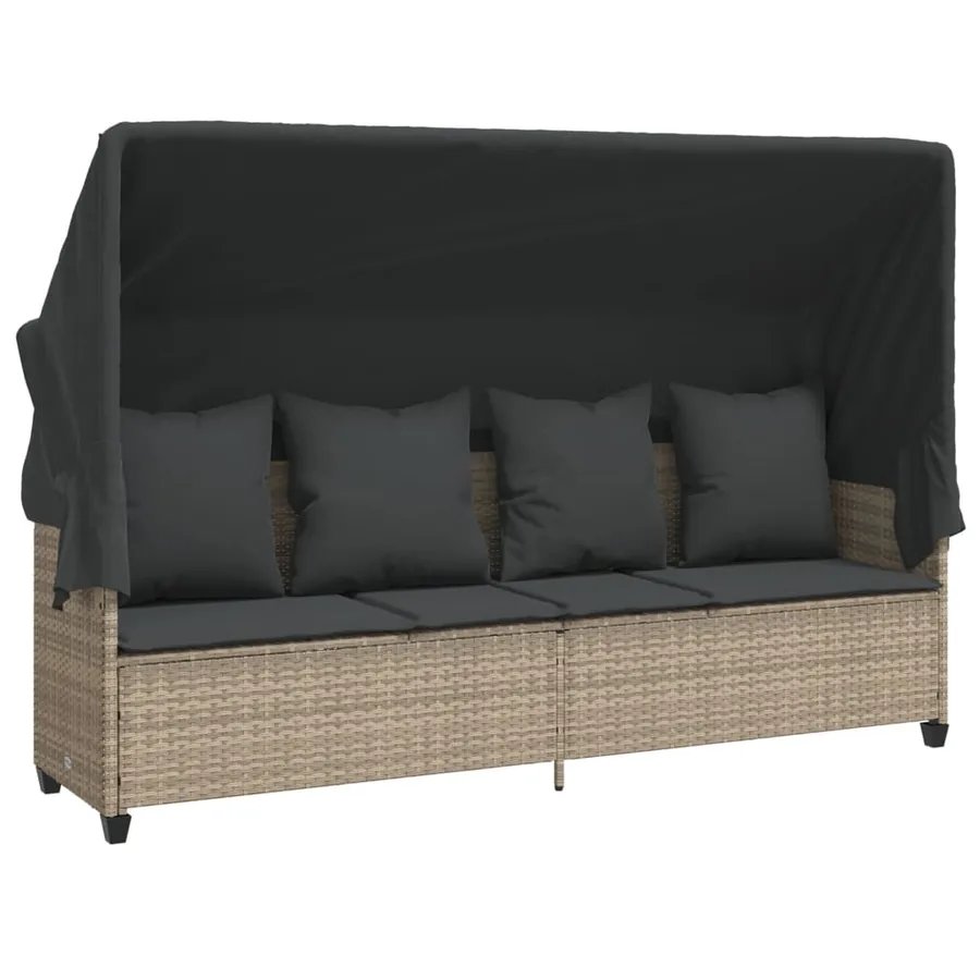 Chaise longue avec auvent et coussins gris clair résine tressée - 2