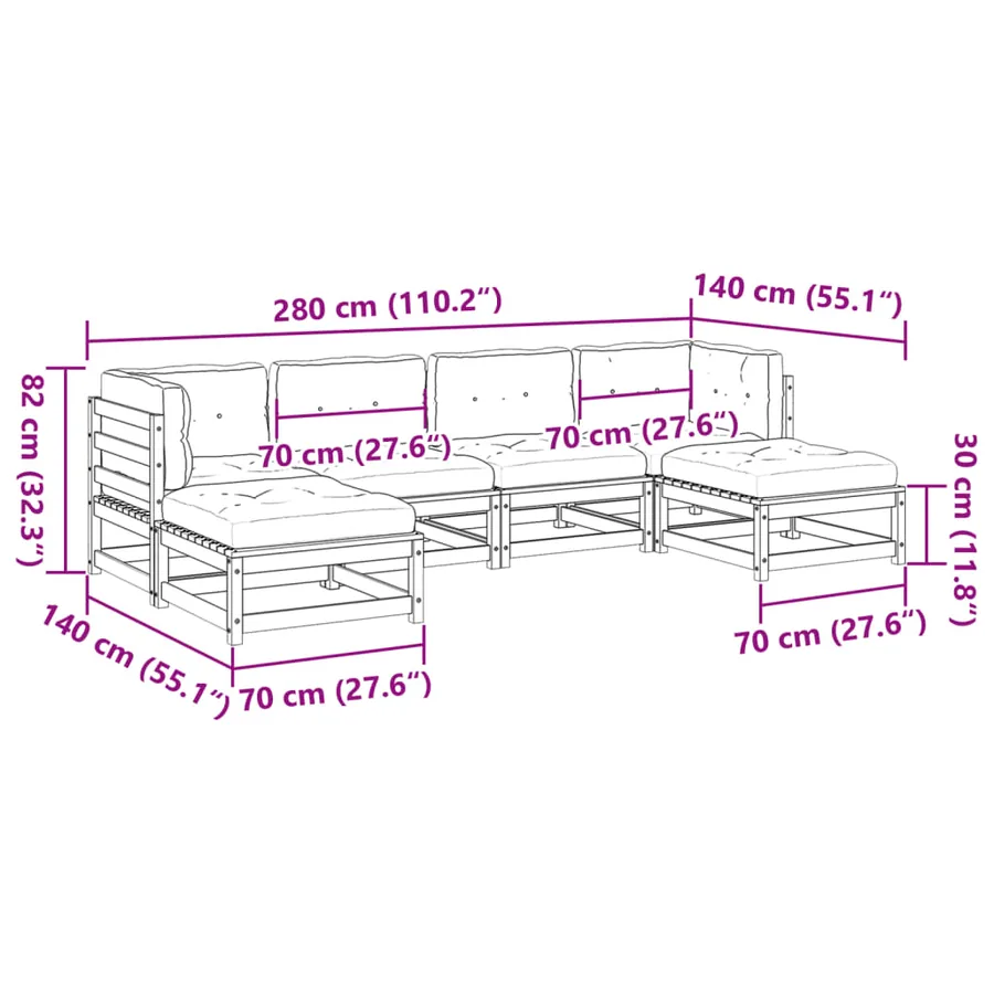 Salon de jardin 6 pcs avec coussins cire marron bois pin massif - 12