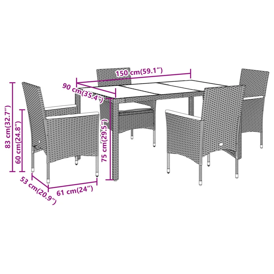 Ensemble à manger de jardin et coussins 5 pcs gris rotin verre - 7