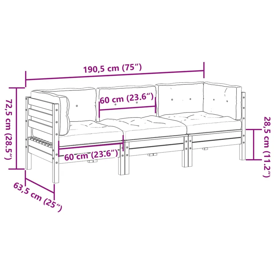 Salon de jardin 3 pcs avec coussins cire marron bois pin massif - 10