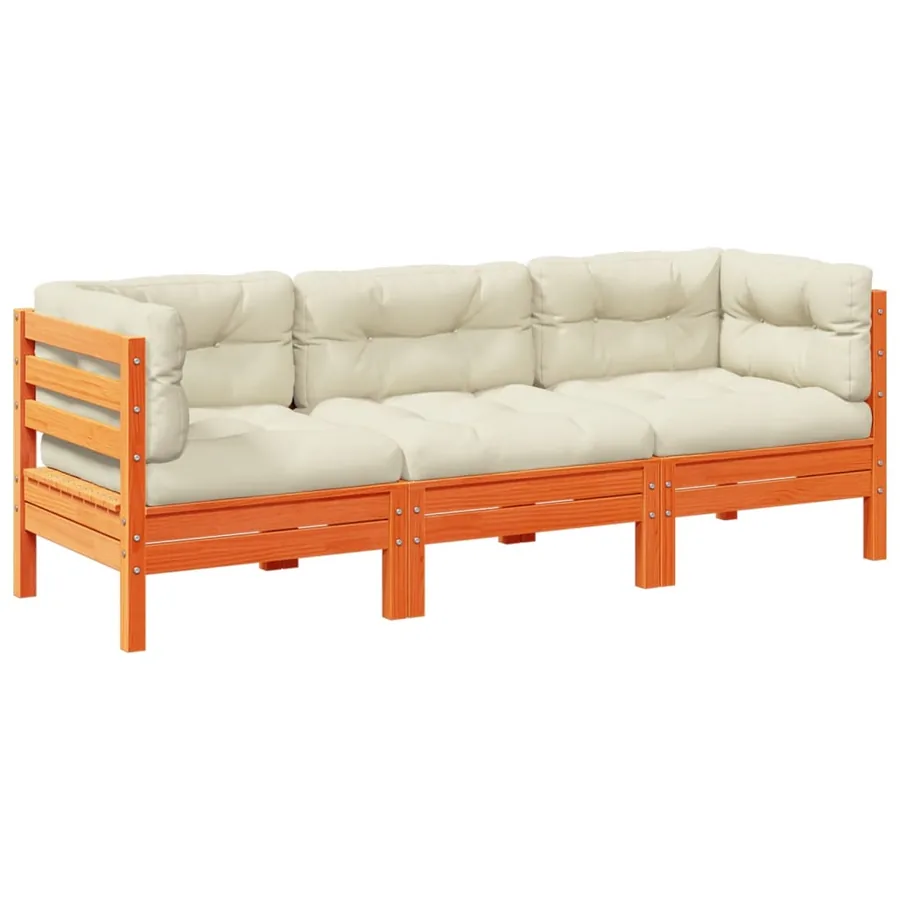 Salon de jardin 3 pcs avec coussins cire marron bois pin massif - 2