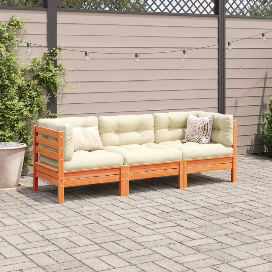Salon de jardin 3 pcs avec coussins cire marron bois pin massif - 3