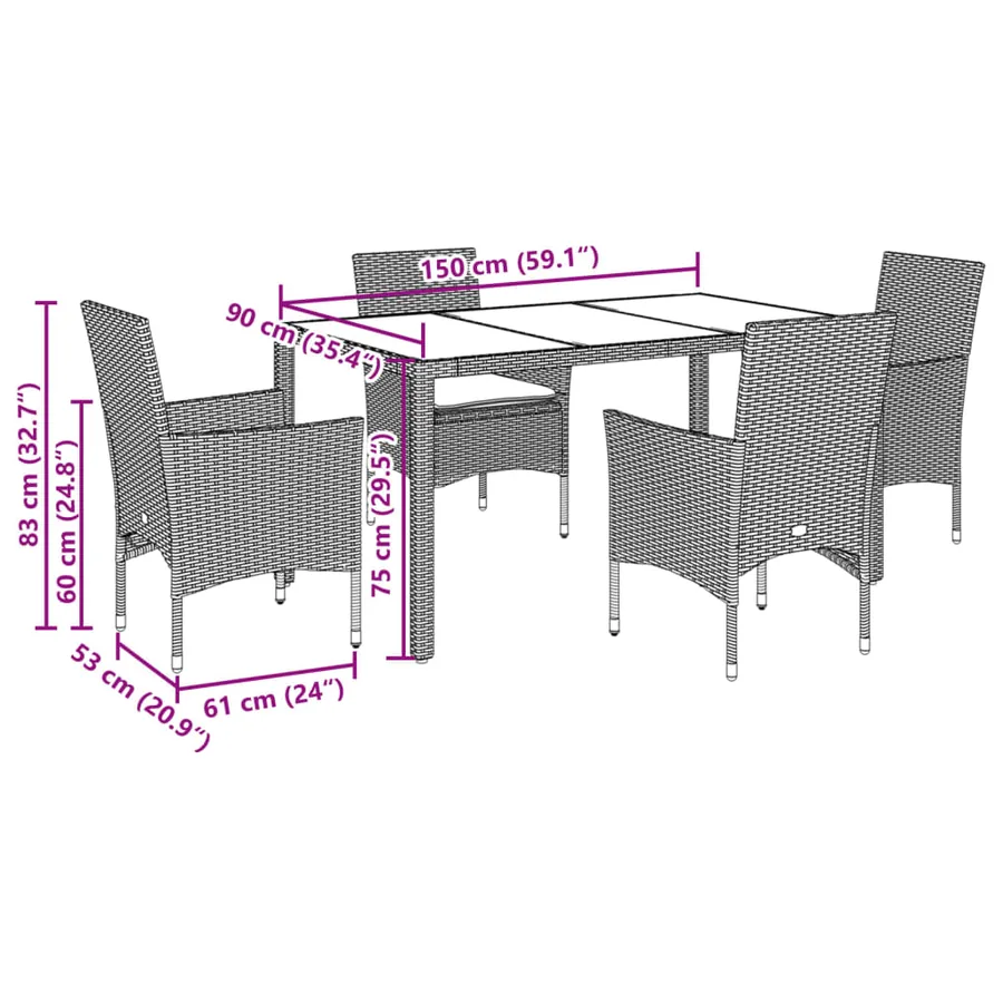 Ensemble à manger de jardin et coussins 5 pcs gris rotin verre - 7