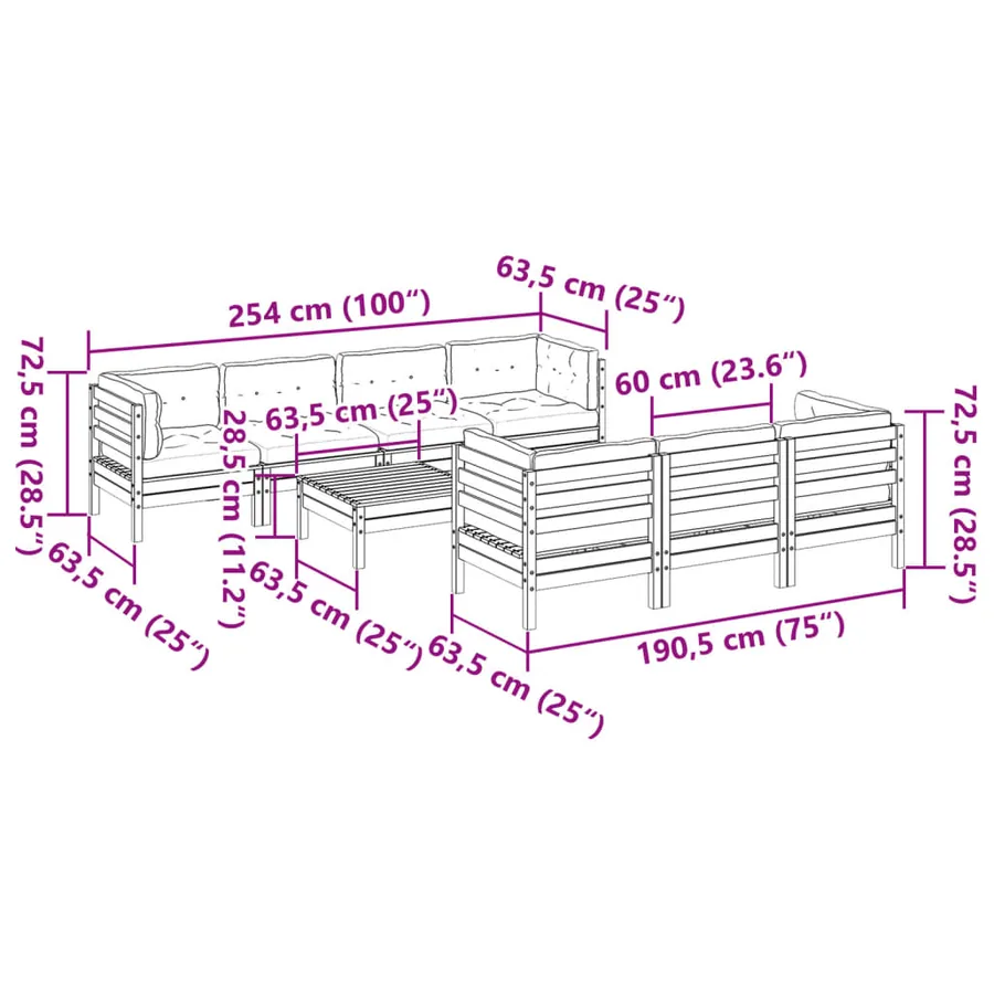 Salon de jardin 8 pcs avec coussins marron cire bois pin massif - 12