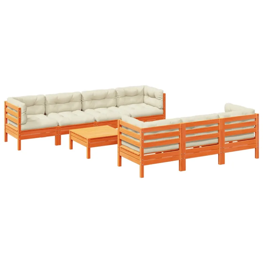 Salon de jardin 8 pcs avec coussins marron cire bois pin massif - 2