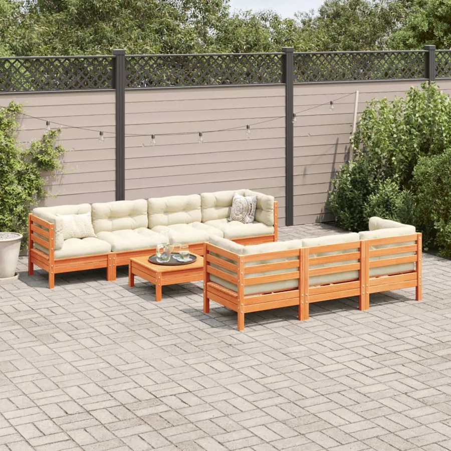 Salon de jardin 8 pcs avec coussins marron cire bois pin massif - 3