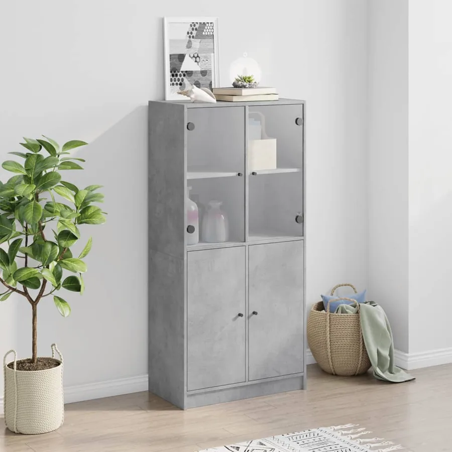 Buffet haut avec portes gris béton 68x37x142 cm bois ingénierie - 3