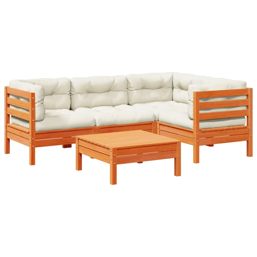 Salon de jardin 5 pcs avec coussins cire marron bois pin massif - 2