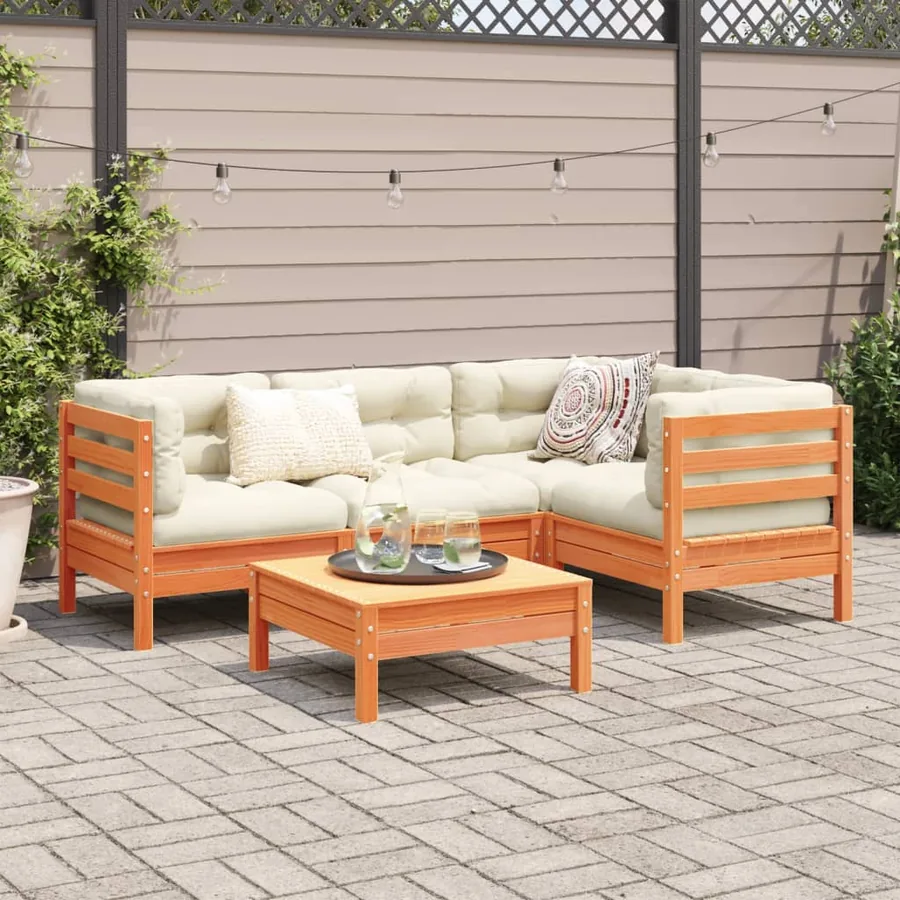 Salon de jardin 5 pcs avec coussins cire marron bois pin massif - 3
