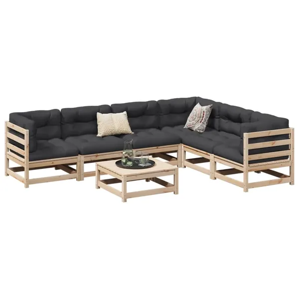 Salon de jardin 7 pcs avec coussins bois de pin massif