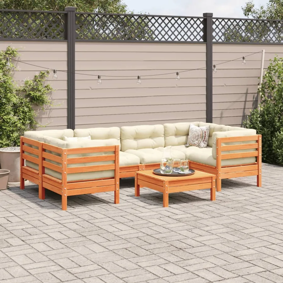 Salon de jardin 7 pcs avec coussins cire marron bois pin massif - 3