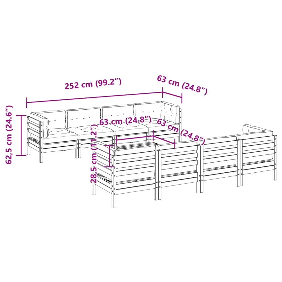 Salon de jardin 9 pcs avec coussins sapin de douglas solide - 12