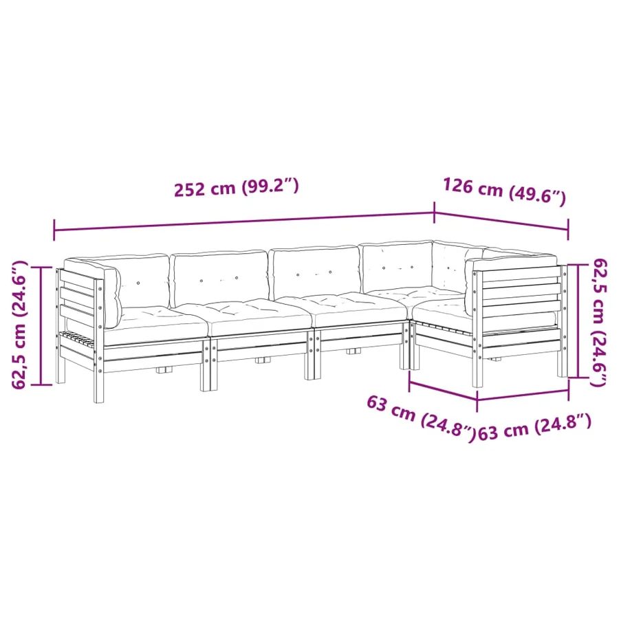 Salon de jardin 5 pcs avec coussins cire marron bois pin massif - 10