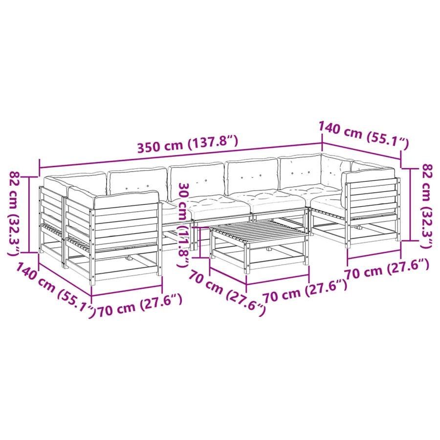 Salon de jardin 8 pcs avec coussins bois de pin massif - 12