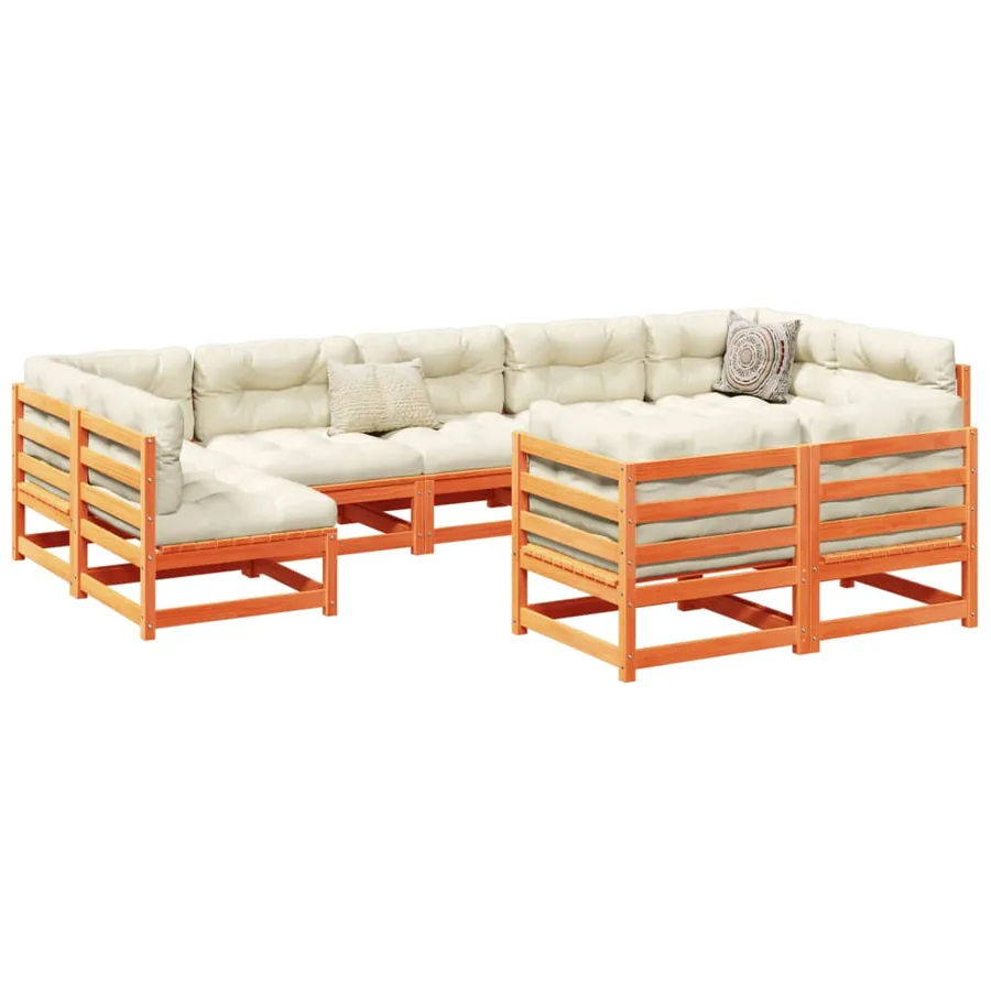 Salon de jardin 9 pcs avec coussins marron cire bois pin massif