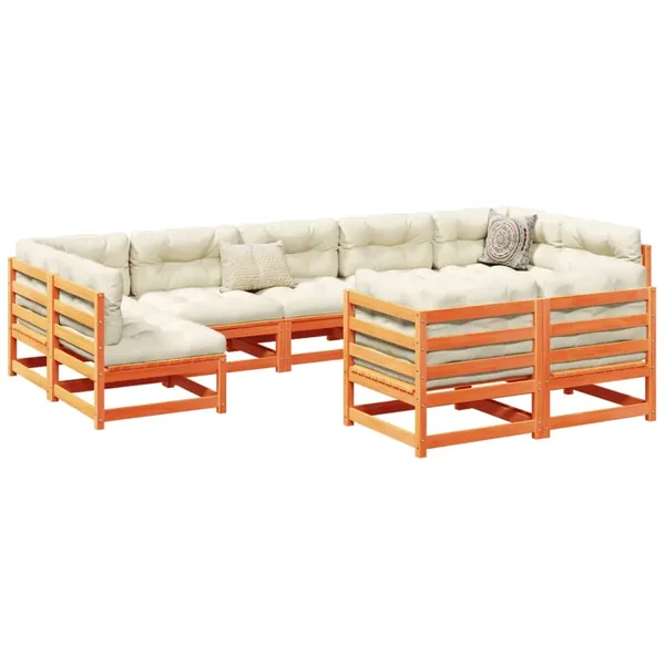 Salon de jardin 9 pcs avec coussins marron cire bois pin massif