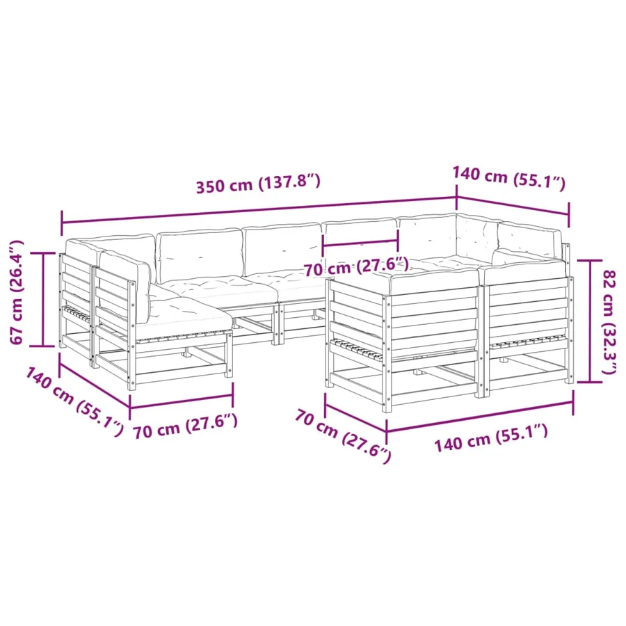 Salon de jardin 9 pcs avec coussins marron cire bois pin massif - 10