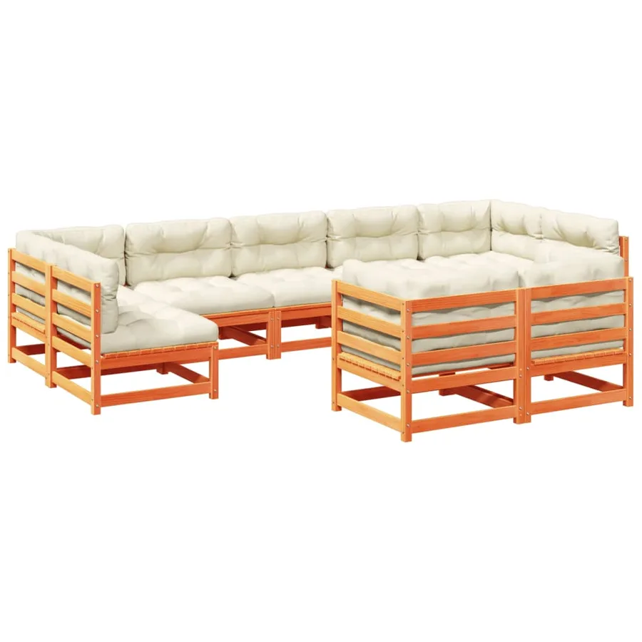 Salon de jardin 9 pcs avec coussins marron cire bois pin massif - 2