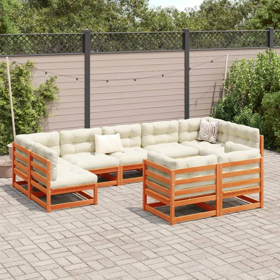 Salon de jardin 9 pcs avec coussins marron cire bois pin massif - 3