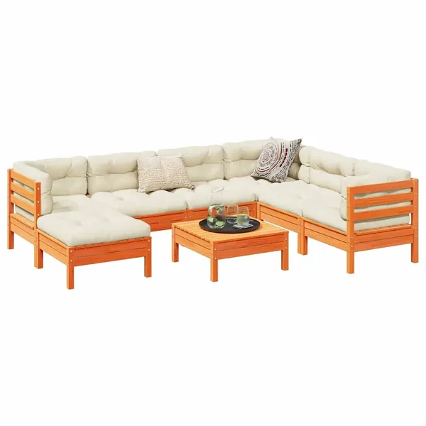 Salon de jardin 8 pcs avec coussins marron cire bois pin massif