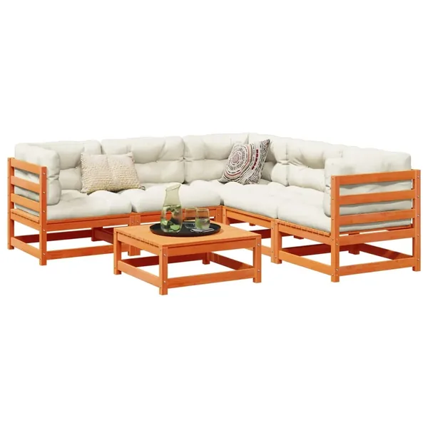 Salon de jardin 6 pcs avec coussins cire marron bois pin massif