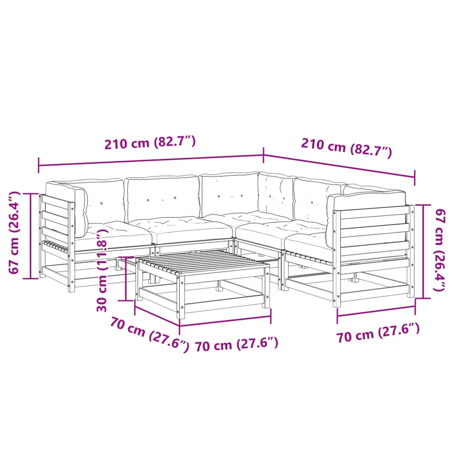 Salon de jardin 6 pcs avec coussins cire marron bois pin massif - 12