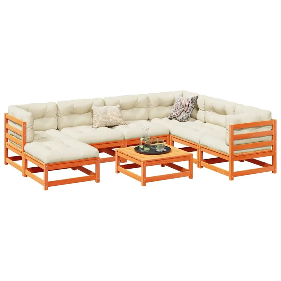 Salon de jardin 8 pcs avec coussins marron cire bois pin massif