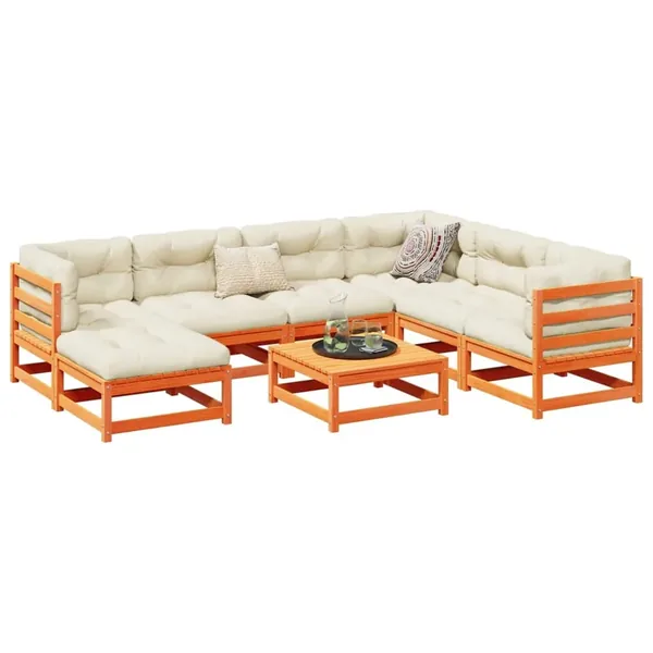 Salon de jardin 8 pcs avec coussins marron cire bois pin massif