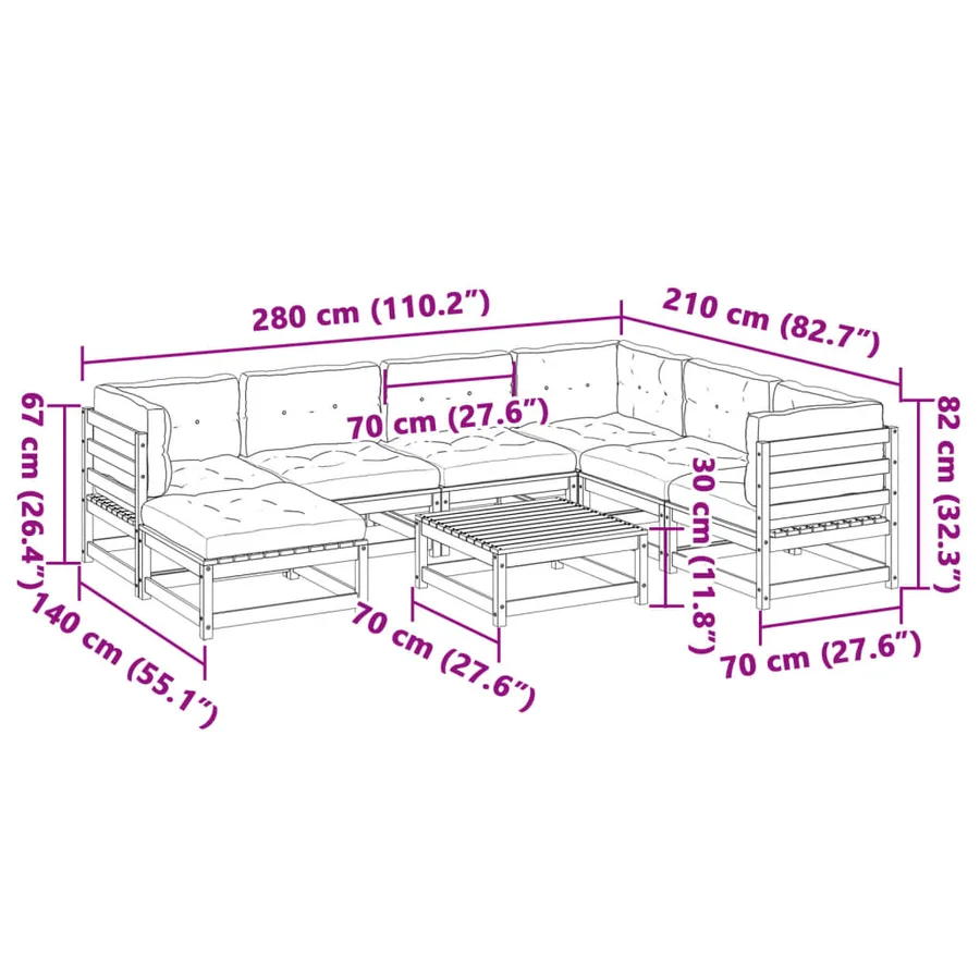Salon de jardin 8 pcs avec coussins marron cire bois pin massif - 14