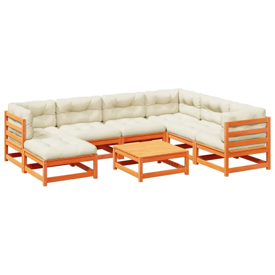Salon de jardin 8 pcs avec coussins marron cire bois pin massif - 2