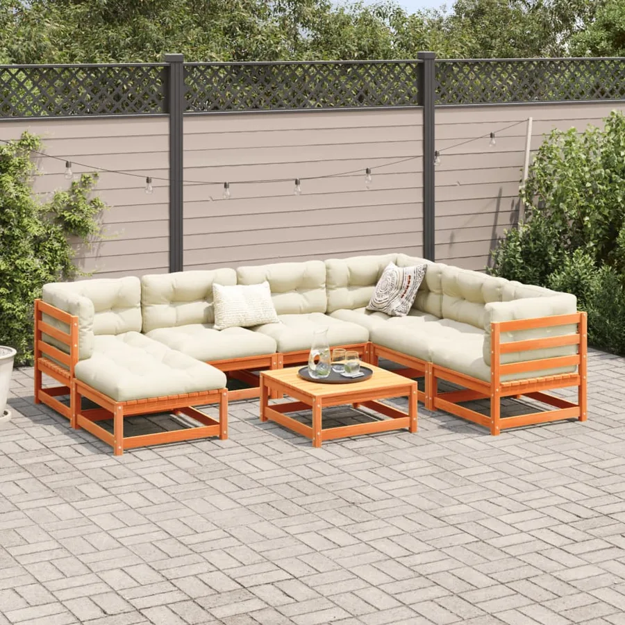 Salon de jardin 8 pcs avec coussins marron cire bois pin massif - 3