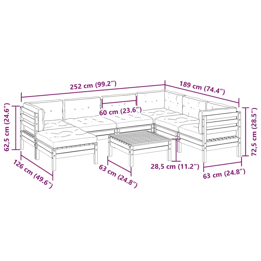 Salon de jardin 8 pcs avec coussins bois de pin imprégné - 14