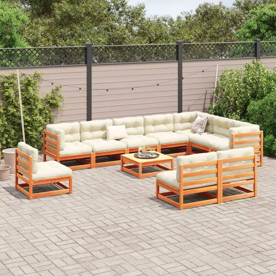 Salon de jardin 11 pcs marron cire bois de pin massif - 3