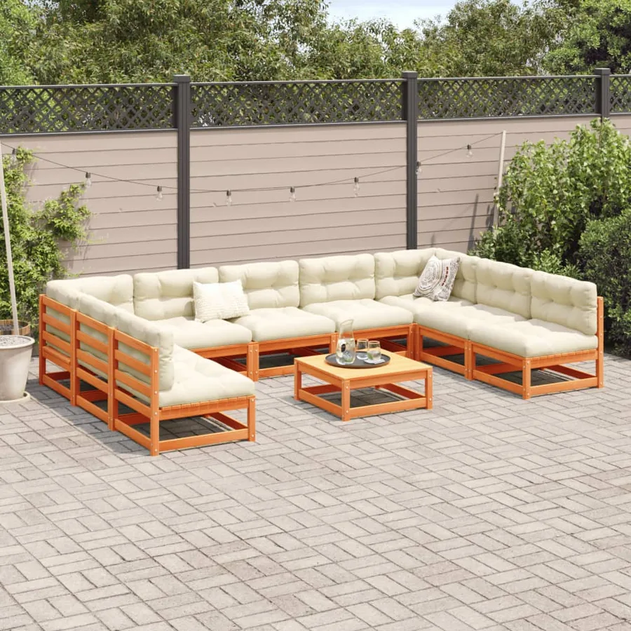 Salon de jardin 10pcs avec coussins cire marron bois pin massif - 3