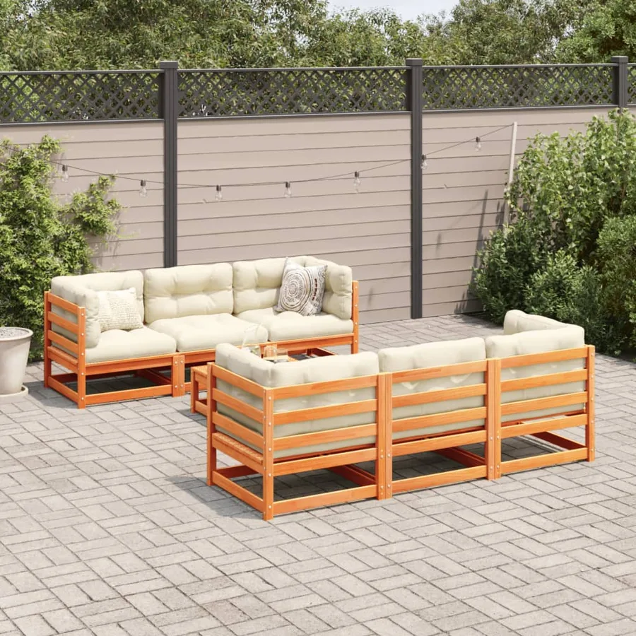 Salon de jardin 7 pcs avec coussins cire marron bois pin massif - 3