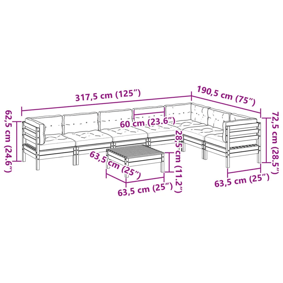 Salon de jardin 8 pcs avec coussins bois de pin imprégné - 12