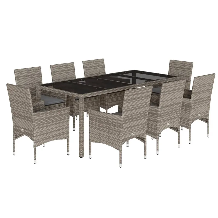 Ensemble à manger de jardin et coussins 9 pcs gris rotin verre - 2