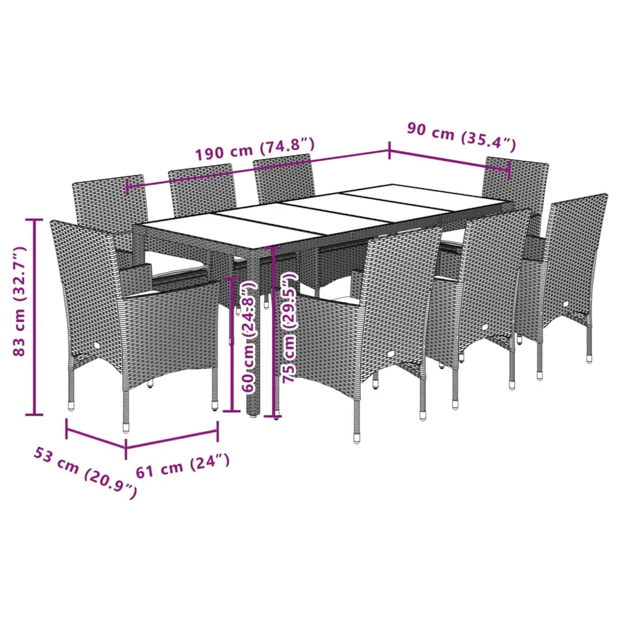 Ensemble à manger de jardin et coussins 9 pcs gris rotin verre - 7