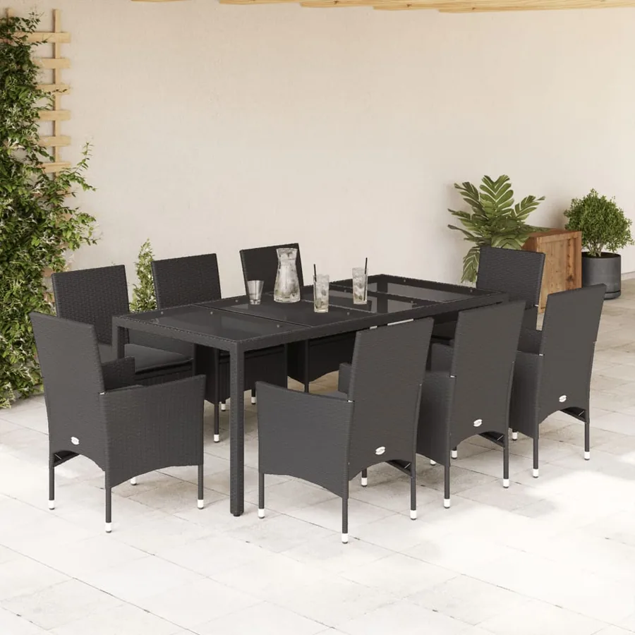 Ensemble à manger de jardin et coussins 9 pcs noir rotin verre