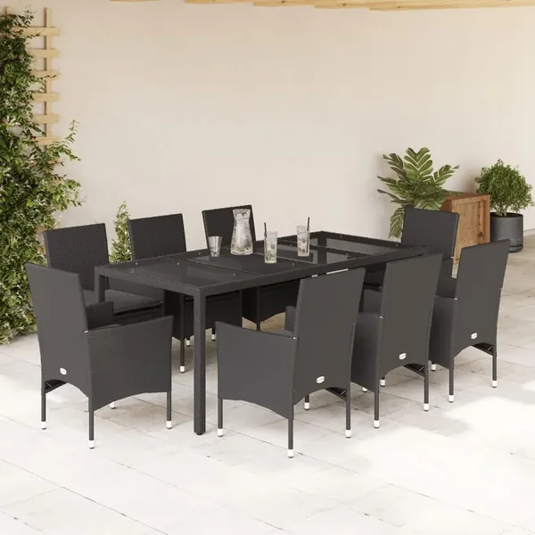 Ensemble à manger de jardin et coussins 9 pcs noir rotin verre