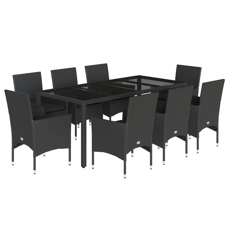 Ensemble à manger de jardin et coussins 9 pcs noir rotin verre - 2