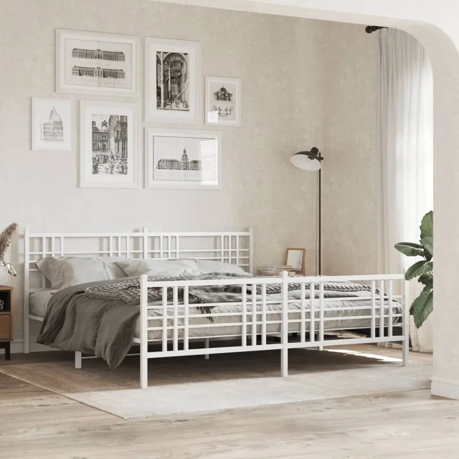 Cadre de lit métal sans matelas et pied de lit blanc 183x213 cm